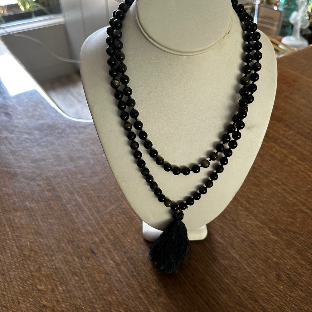Obsidian Mala Bead Necklace with Tassel